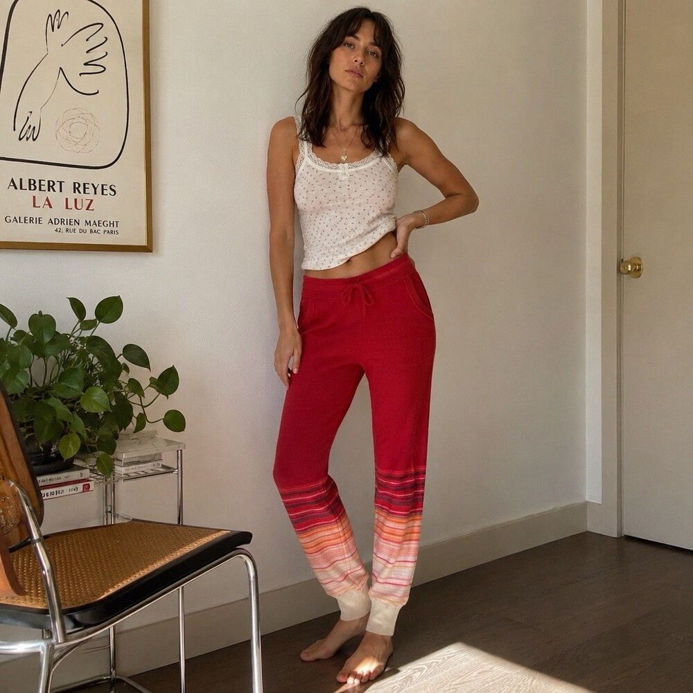 Saturday Sunday Anthropologie 100% Cashmere Jogger Pants S Red Striped Knit Luxe